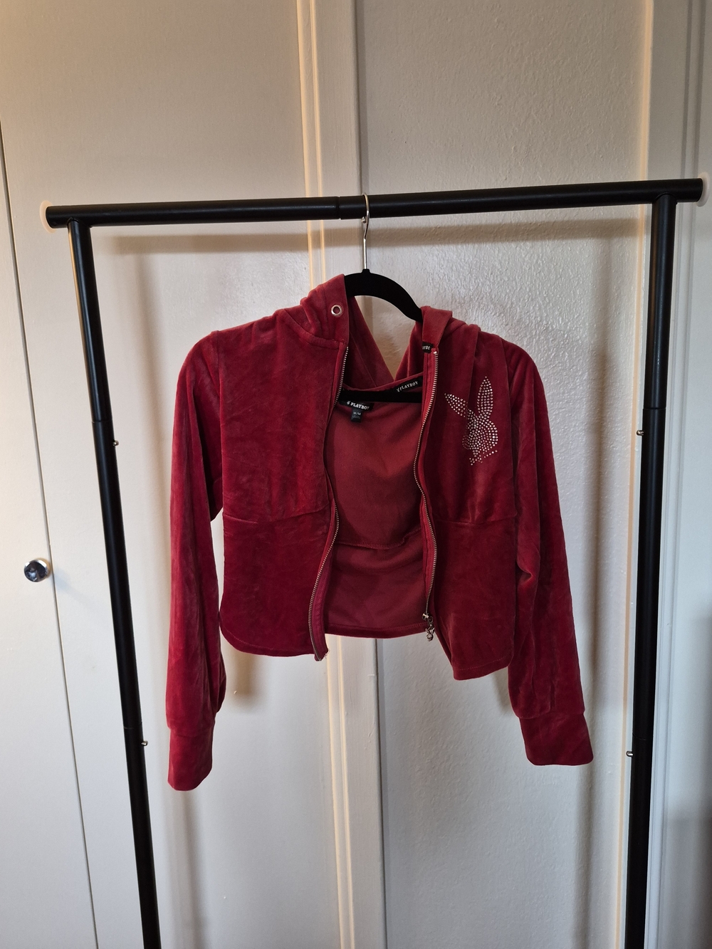 PLAYBOY Red Velour Zip Hoodie with Rhinestone Trim